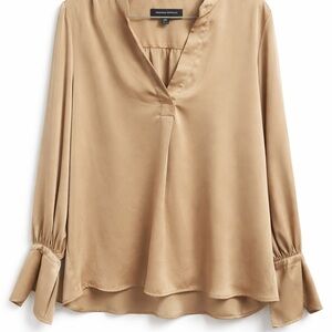 Banana Republic Satin V-Neck Long Sleeve Blouse in Camel